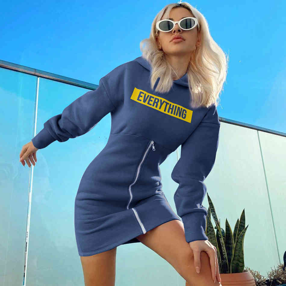 Free Spring Women Hooded Sweater Dress Fashion Long Sleeve Letter Zipper Casual Intage Sports Vestidos 210524