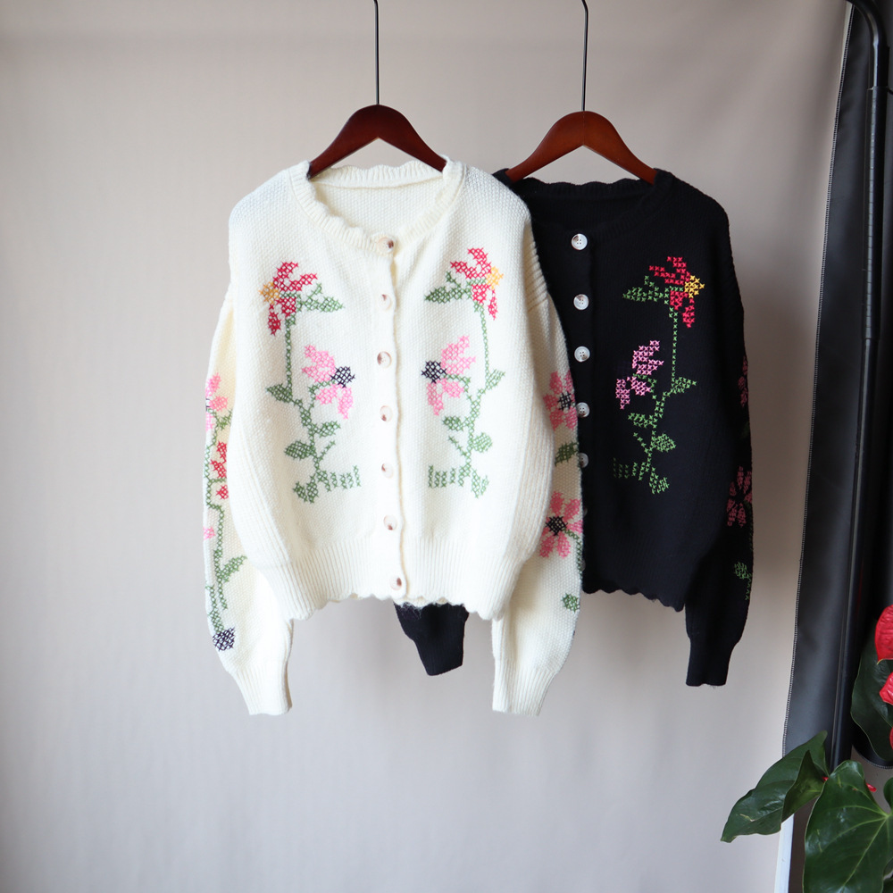 Nomikuma Pull Femme Floral Embroidery Long Sleeve O-neck Sweater Coat Autumn Winter Knitted Short Women Cardigans 6C299 210427