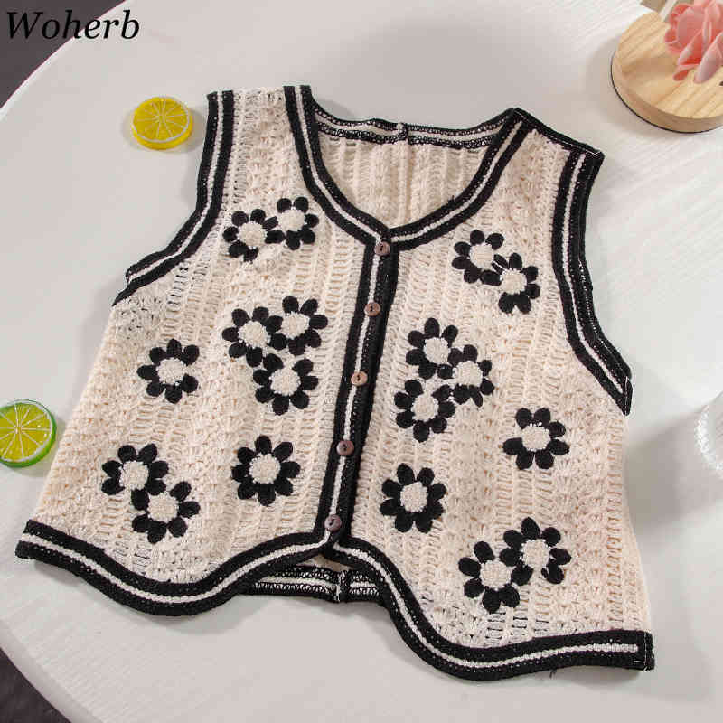 Sweater Vest Women Loose Single Breasted Cardigan Top Elegant All Match V Neck Embroidered Hollow Out Vintage Coat 4i353 210519