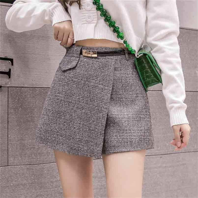 Irregular Woolen Plaid Shorts Skirts For Women Atumn Winter Office Short Plus Size Booty Feminino 210714