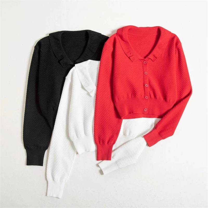 WOMENGAGA Autumn Winter Women Collared Textured Stitch Tops Knit Cardigan With Ribbed Cuffs Sweater SUYP 210603