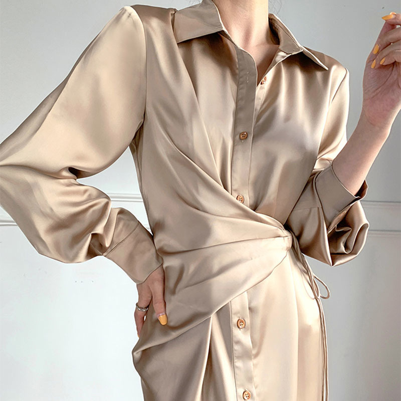 [EAM] Women Champagne Silky Sashes Elegant Slim Dress Lapel Long Sleeve Loose Fit Fashion Spring Autumn 1DD7317 21512