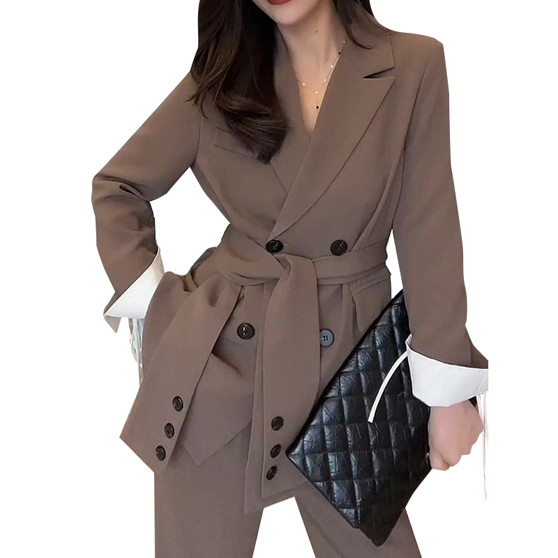 VGH Black Korean Two Piece Set For Women Notched Long Sleeve Sashes Blazer High Waist Wide Leg Pants Casual Sets Female Fashion 210421