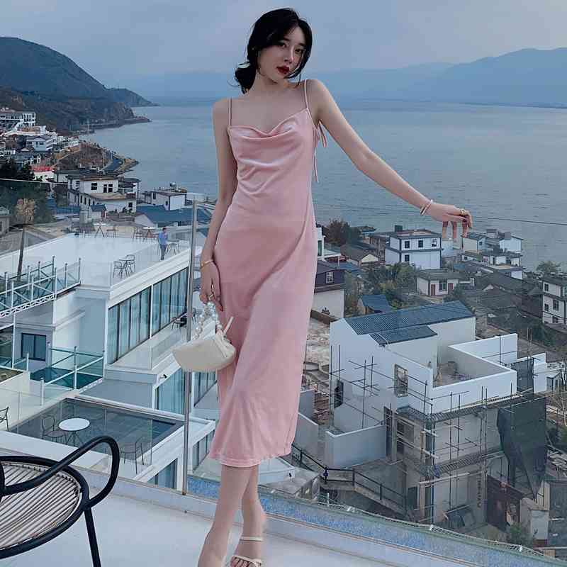 Fashion Vintage Sleeveless Ladies Mid-Length Dress Elegant Female Sexy Spaghetti Strap Slim Summer Velvet Vestidos 210520