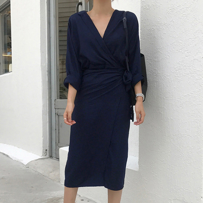 Chic V Neck Wrap Dress Women Solid Long Sleeve Elegant Office Ladies Dresses Vintage Midi Dress Vestidos Mujer 210414