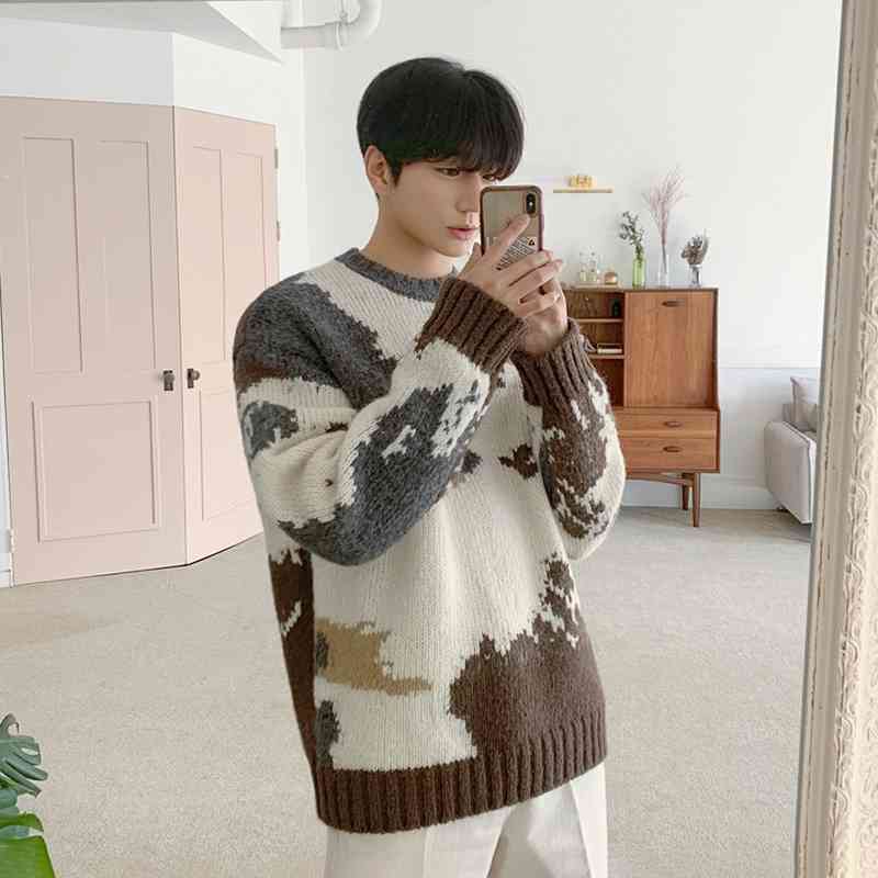 IEFB Autumn Winter Thick Sweater Men's Korean Snow Mountain Jacquard Kint Pullover Trend Loose Crew Neck Kintwear Vintage 9Y4938 210524