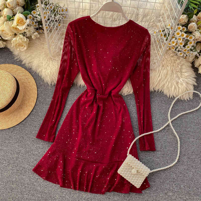 Summer Casual Long Sleeve V-neck Dress Asymmetrical Ruffle Elegant High Waist Women Party Dress 210521