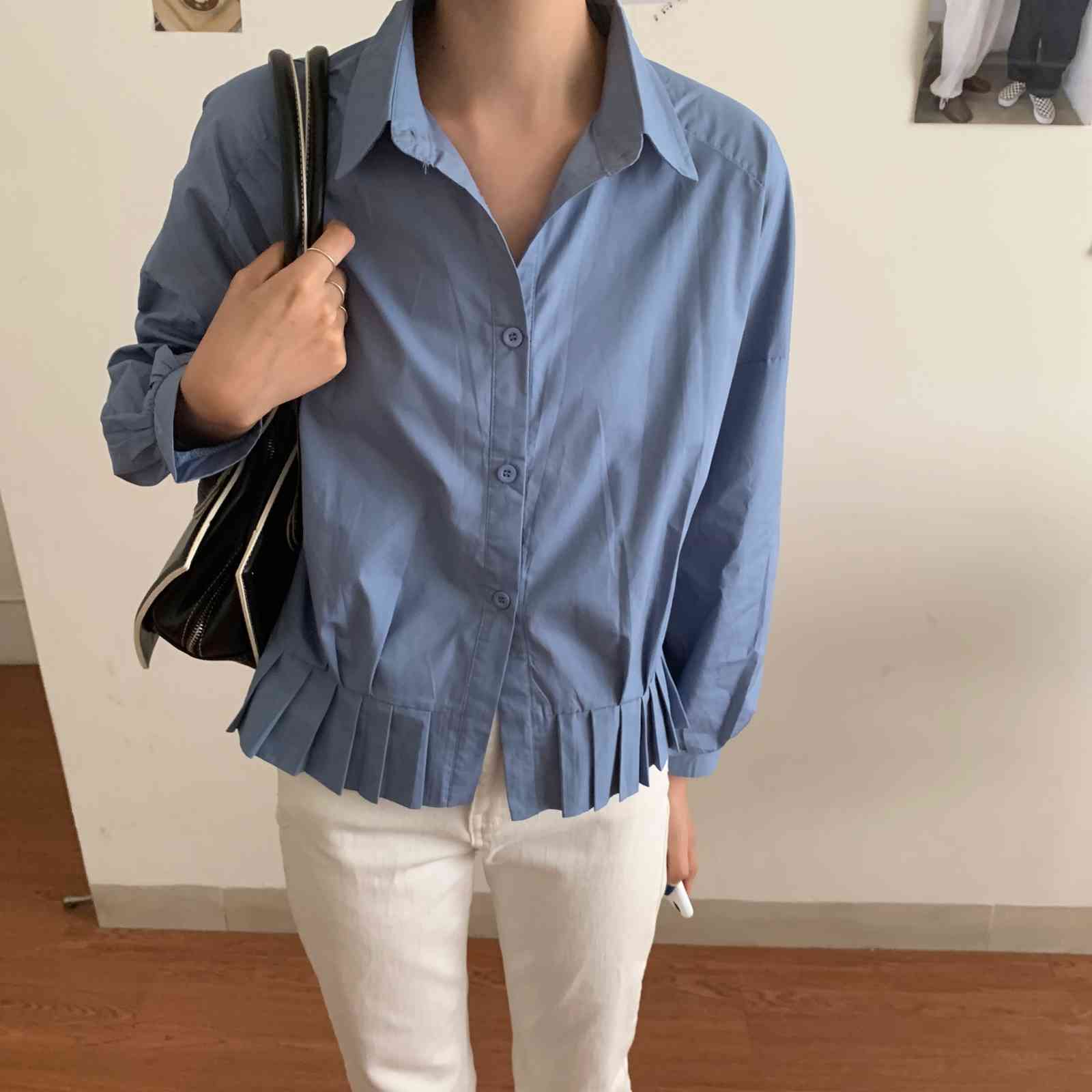 Blue Solid All Match Streetwear Clothe Fashion High Waist Casual OL Girls Tops Oversize Chic Loose Femme Shirts 210421