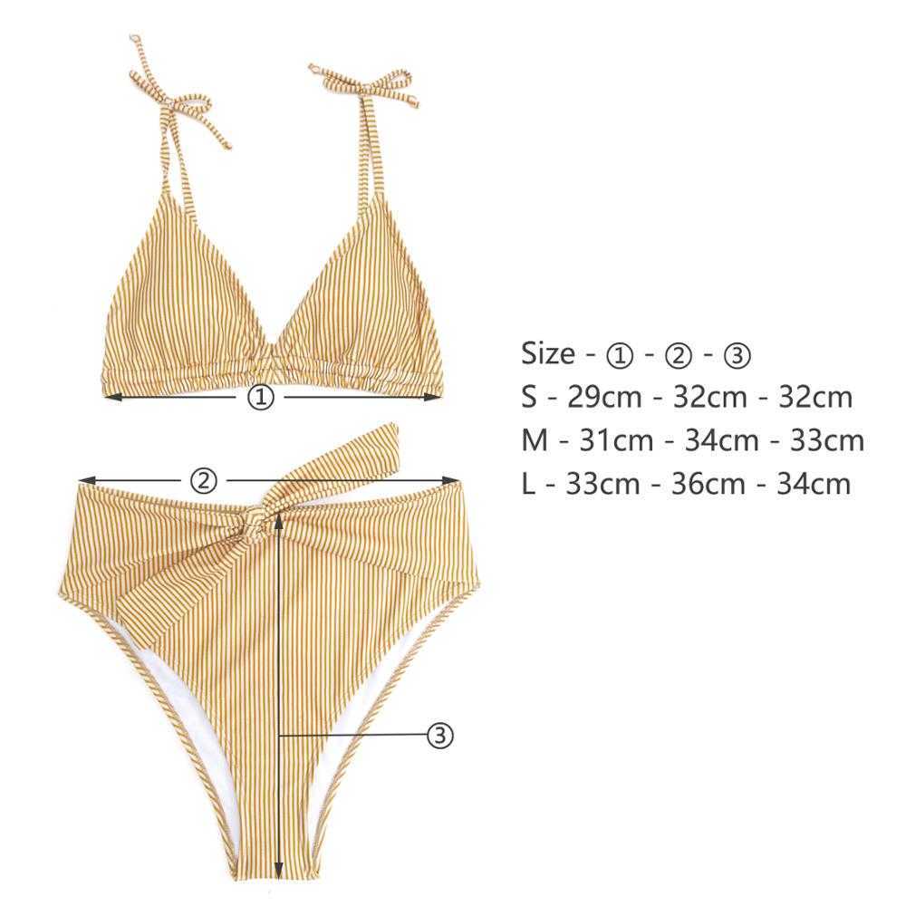 PLAVKY Sexy High Waist Belt Bikini Set Yellow Stripe Swimsuit Tie Front Women Swimwear Female Beach Wear Swim Bathing Suit 210625