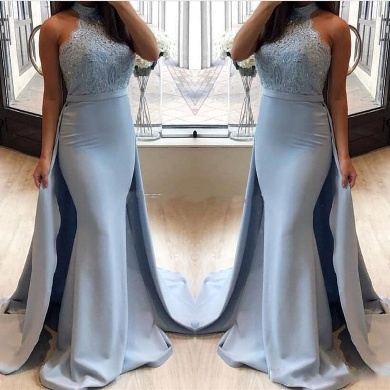 Vintage Blue Mermaid Evening Dress With Overskirt Train Elegant Satin Lace Prom Dresses 2021 African Women Formal Party Gowns Robe De Soirée Femme