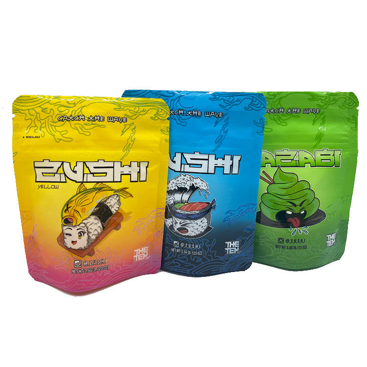 Zushi edible plastic bags 3.5 g stand up pouch food packaging with child proof zipper
Zushi edible plastic bags 3.5 g stand up pouch food packaging with child proof zipper
