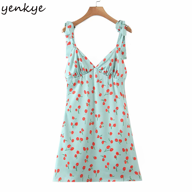 YENKYE Sexy Sling Summer Beach Dress Women Sweet Cherry Print Dress Female Backless Sleeveless V Neck A-line Satin Short Robe 210515