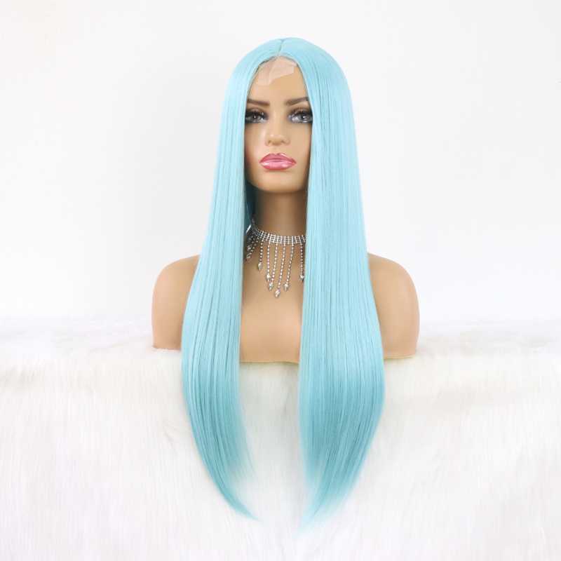 Synthetic Wigs Light Blue Lace Front Long Straight Hair 22 Inch For Fahison Women With Natural Hairline