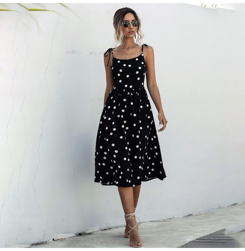 Women Dress Summer Spaghetti Strap Casual Polka-dot Sexy Backless Dress Lacing-up Bow Slip Sundresses Black White Clothes 210409