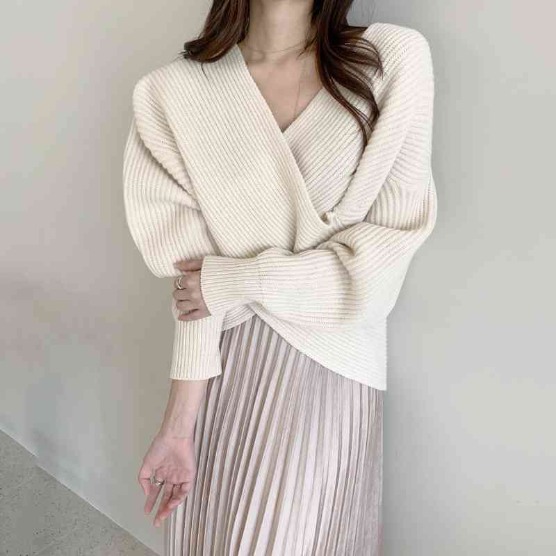 Korean Stylish Knitted Pullover Women Long Sleeve V-neck Criss-cross Fashion Sweater Autumn Winter Elegant Ladies Jumpers 210514