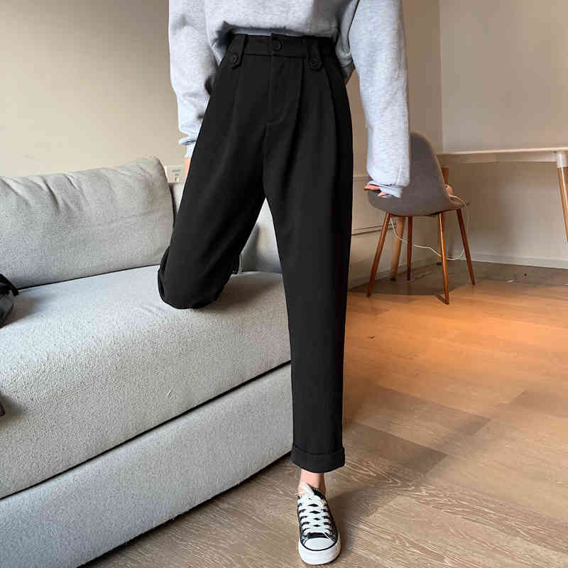 Arrival Korea Fashion Autumn Women High Waist Loose Woolen Pants All-matched Casual Black Harem Femme Trausers V20 210512