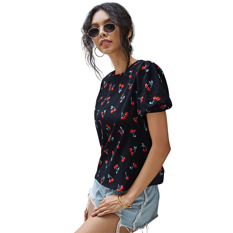 Cute Cherry Print Puffy Sleeve Top T Shirts for Women Kawaii Solid Black O Neck Short Sleeve Cherry Tshirt Plus Size 210406