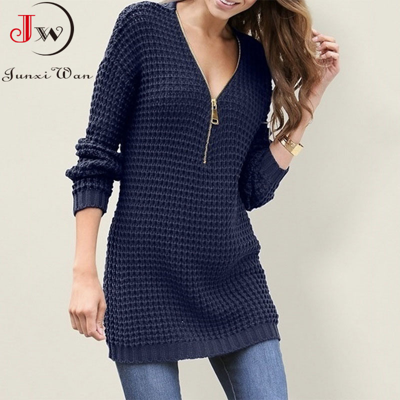 Women Long Sweater V Neck Zipper Oversized Dress Warm Autumn Winter Clothes Knitwear 3XL Plus Size Pullover Jumper 210510