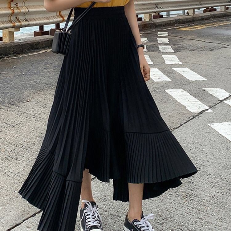 Irregular Long Pleated Skirts Womens Holiday Beach Boho Summer Elegant Ladies Chiffon High Waist 210421