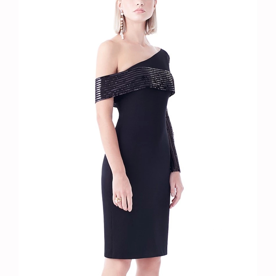 Free Autumn Style One Shoulder Long Sleeve Bandage Dress Women Sexy Bodycon Sequined Club Party Vestidos 210524