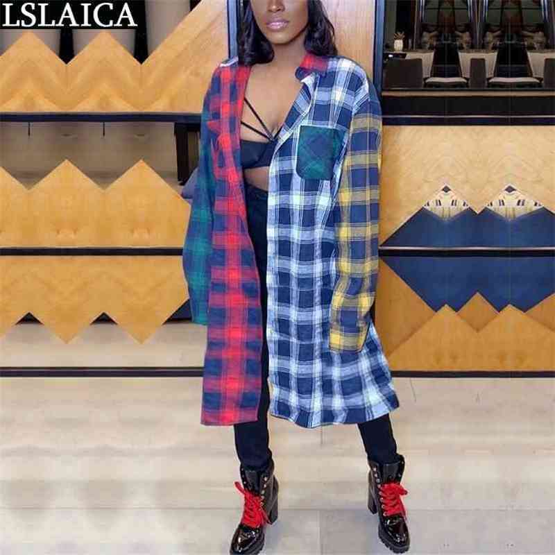 Fashion Long Coats and Jackets Women Color Grid Patchwork Autumn Sleeve Turn-down Collar Woman Jacket Plus Size Streetwear 210515