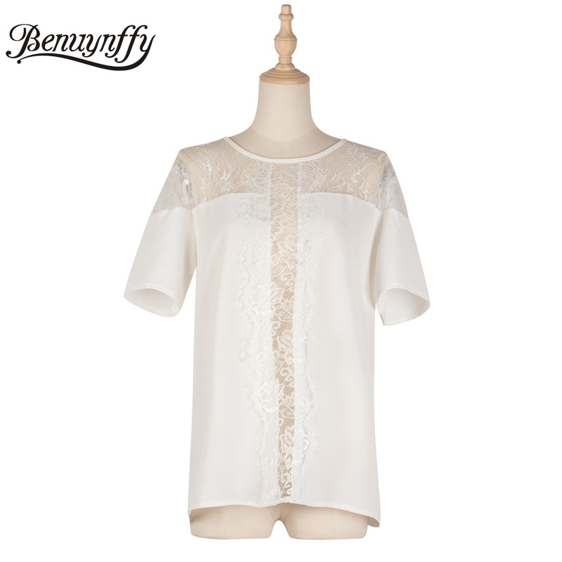 Round Neck Lace Patchwork Casual Blouses Women Fashion Summer Short Sleeve Ladies Tops Solid Clothing 210510