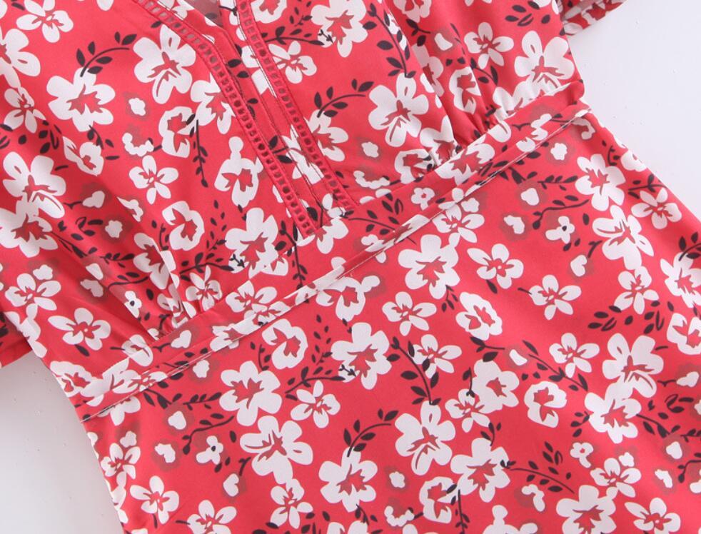 Vintage Red Floral Print Ruffles Hem Lacing Up Waist Women Dress Deep V Neck Beach Dresses Casual 210429