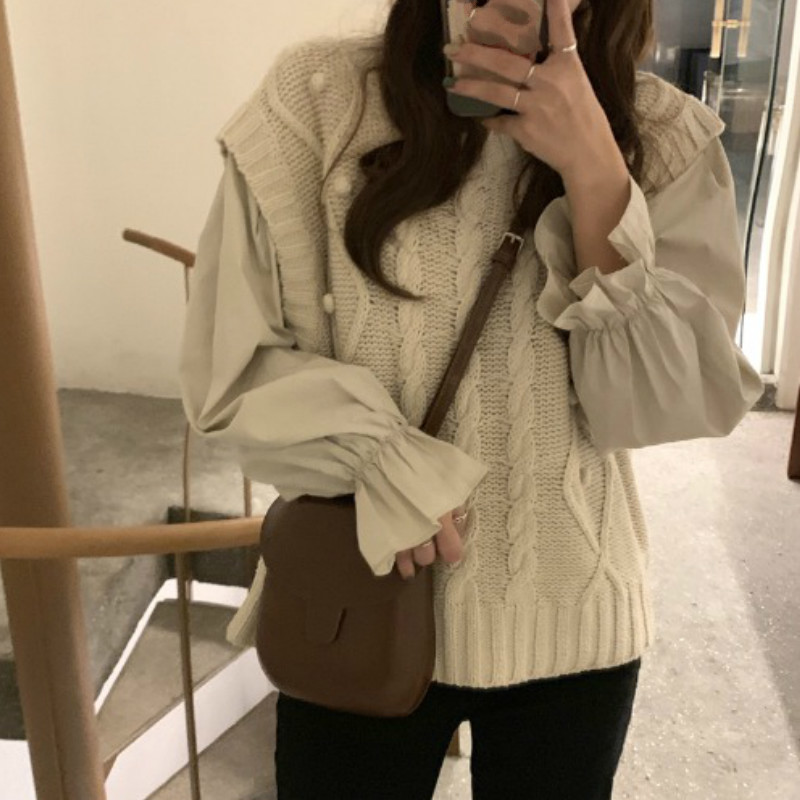 Neploe Fall Women Clothes Knitwear Sweater Vest Solid Shirt Loose Casual Knitted Pullovers Korean Fashion Female Tops 4F881 210422