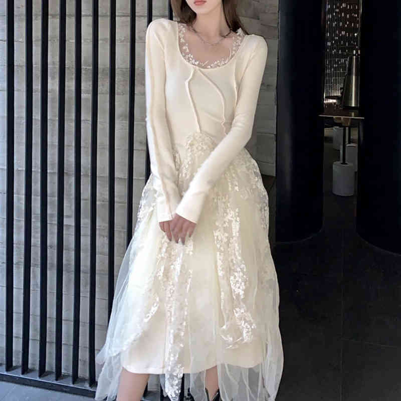 Spring Elegant Lace Dress Women Casual Long Sleeve Slim Sweet Dress Korean French Vintage Party Dress Female 210521