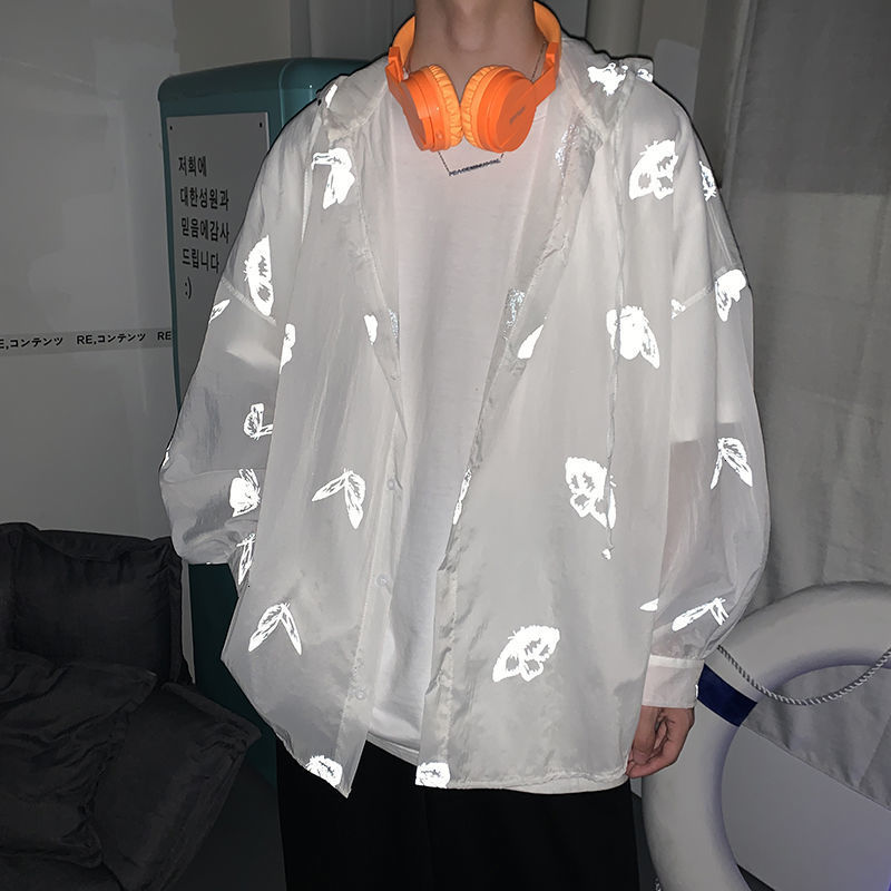 IEFB Reflective Butterfly Printed Jackets Fashion Men's Casual Oversize Coat Summer Man Hooded Sunscreen Clothing Y7296 210524