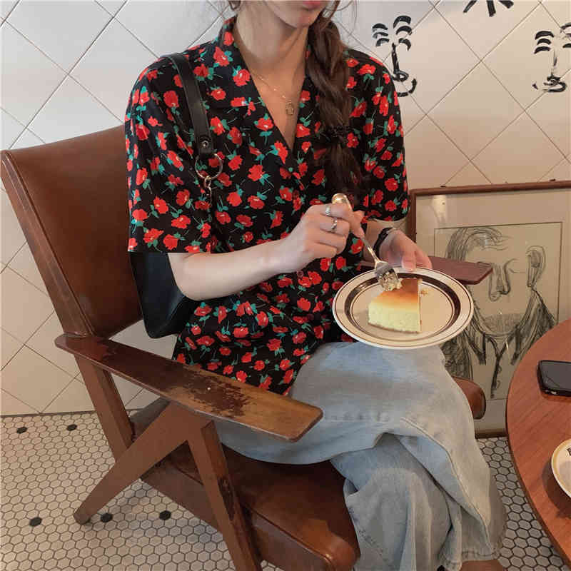 korean style Floral short sleeve blouse women Notched Collar Chiffon blouses loose summer tops (K8130) 210423
