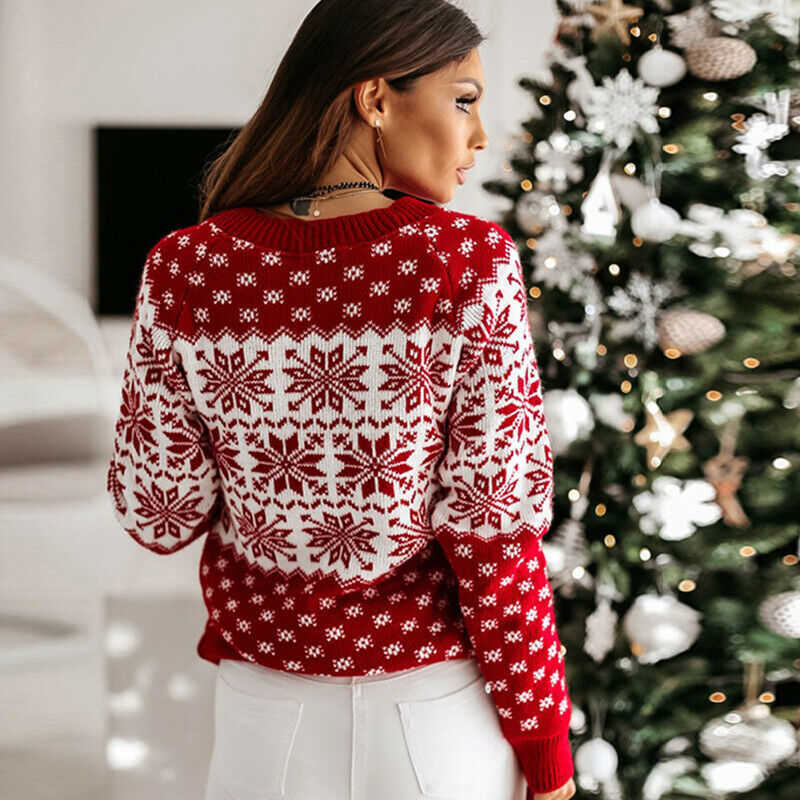 Christmas Sweater Women Spring Autumn Knitted Sweaters Snowflake Elk Print Ladies Jumper Pullovers Xmas Sweaters Female 210528