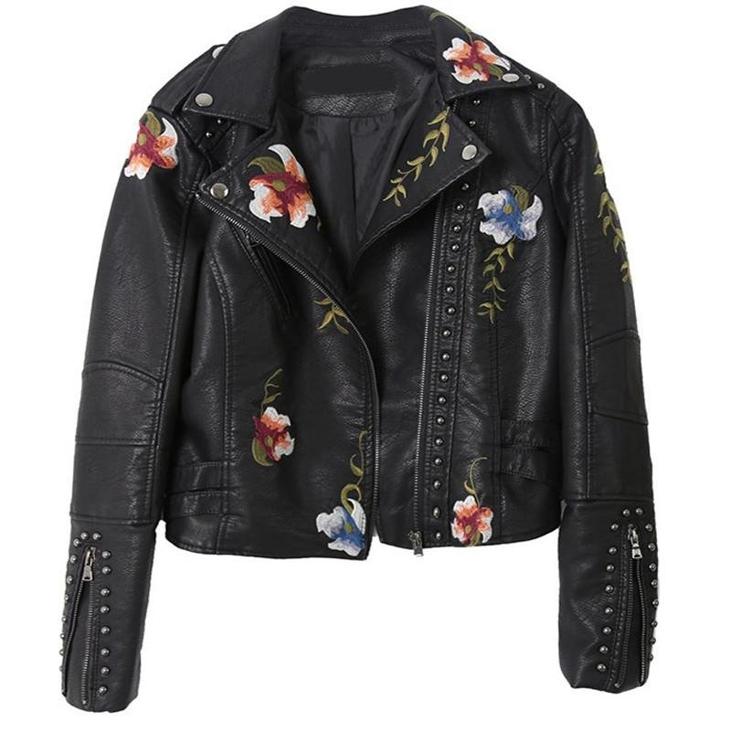 Running Jackets Women Biker Leather Jacket Floral Print Embroidery Faux Coat Turn-down Collar Pu Motorcycle Punk Outerwear