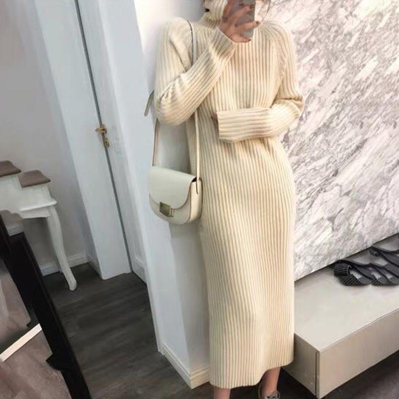 Casual Dresses Turtleneck Knitted Sweater Dress Ladies Fall Winter Elastic Cashmere Bottoming Shirt Midlength Over The Knee Thick