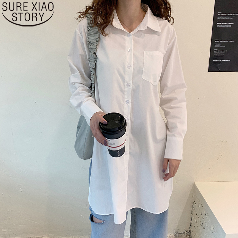 White Long Sleeve Shirts Female Turn-down Collar Ladies Blouse Cotton Shirt Women Tops Autumn Plus Size Loose Clothes 12500 210506