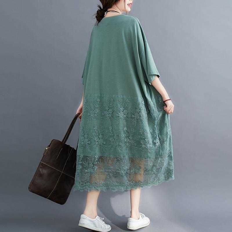 Plus Size Lace T Shirt Summer Dress Korean Cotton Loose Ladies Dresses for Women 4xl 5xl 6xl 7XL Oversized Long Midi Dress 210630