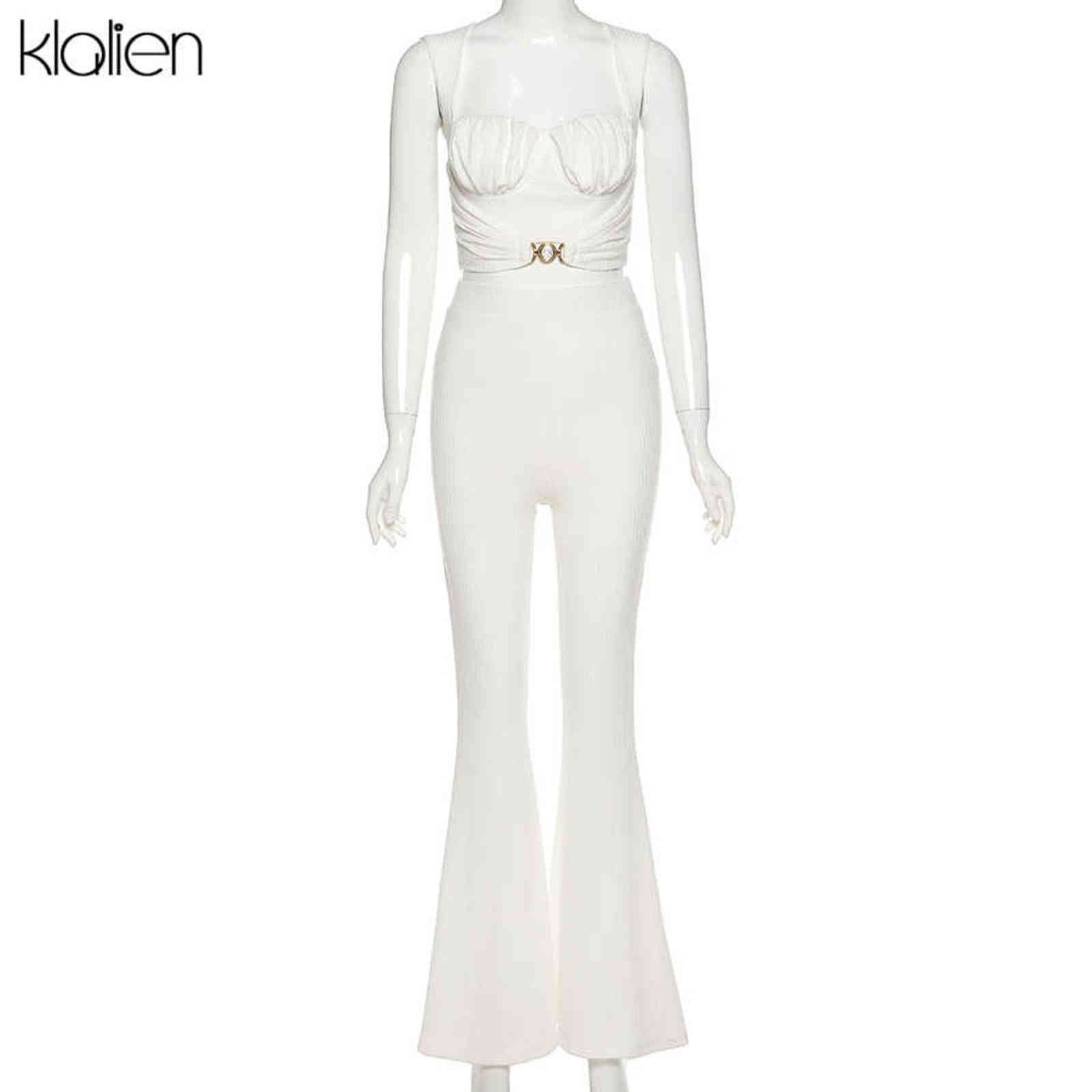 KLALIEN Fashion Elegant Office Lady Camisole and Flared Trousers Two Piece Set Women Casual Street Loose Stretch Solid Outfit 211105