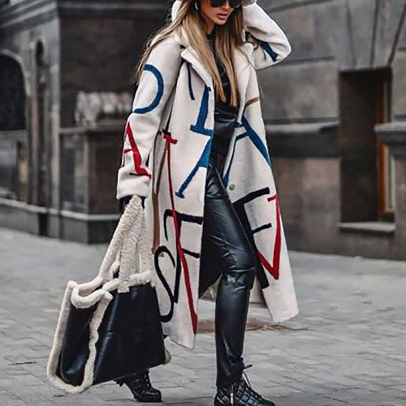 Autumn Winter Blend Wool Women Long Cardigan TopsCasual Sleeve Loose Outwear Coat Fashion Lady Print Lapel Overcoat Jacket 211019 - view 3