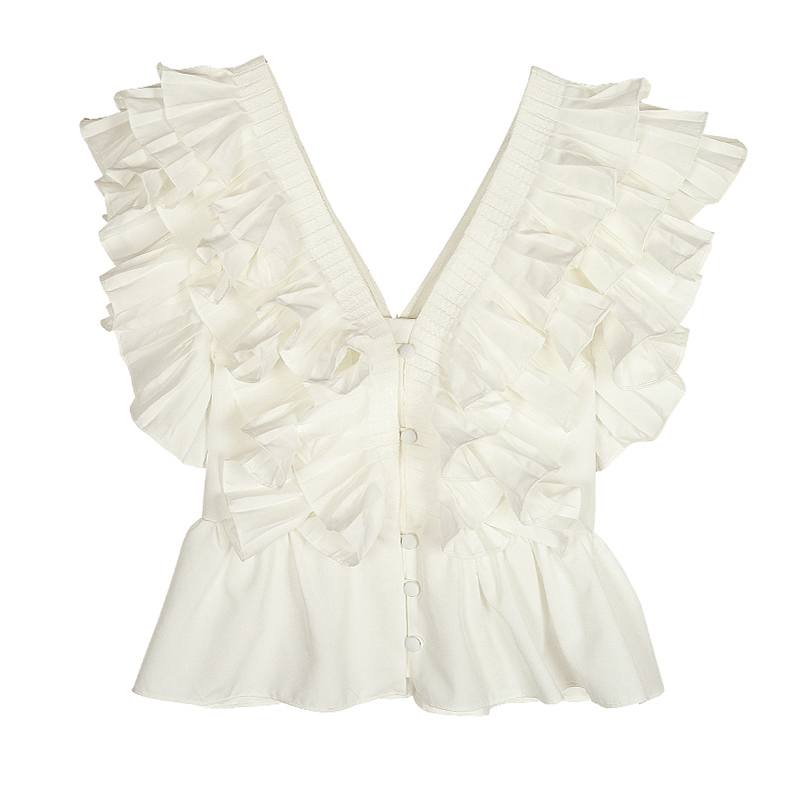 Red Casual Patchwork Ruffle Shirts For Women V Neck Short Sleeve Ruched Slim Blouses Female Summer Fashion 210524