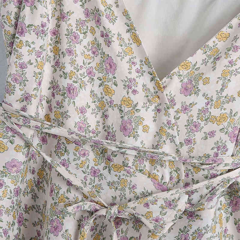 PUWD Sweet Women V Neck Draw Back Dress Summer Fashion Ladies College Style Cute Female Silk Texture Print 210522