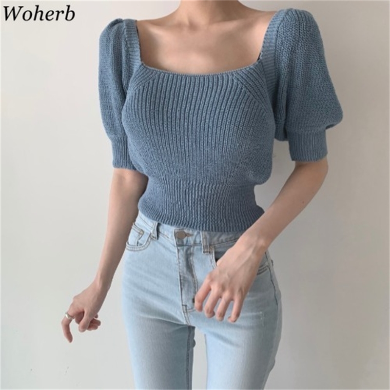 Women Square Collar Knitted Short Sweaters Sexy Backless Bow Bandage Crop Thin Summer Outwear for Female Fashion Top 210519