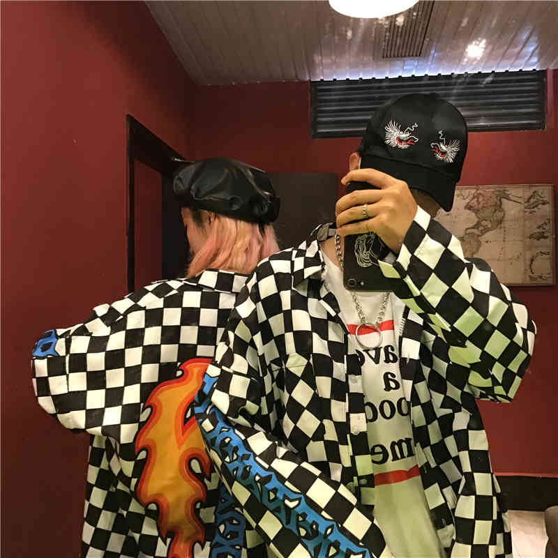 Spring Summer Women Man Tops Harajuku Blouse Flame Checkerboard Plaid Print Blouses Shirts Streetwear Japanese Style 210519