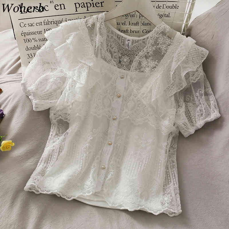 Elegant Lace Shirt Women Blusas Mujer Solid Ruffle Blouse + Vest Two Peice Set Ladies Korean Chic Sexy s 210519