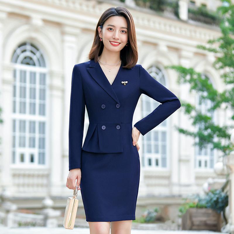 Professional Dress Women's Long Sleeve Fall 2021 Fake Two Piece Slim Fitting El Front Desk Receptionist Working Clothes Casual Dresses
