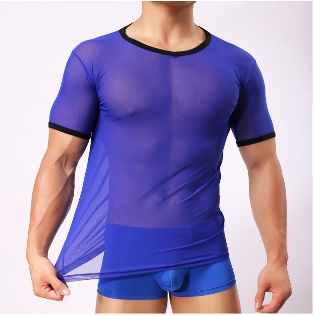 Men's T-Shirts 2021 Fashion Transparent Short Sleeve T-shirt See-through Underwear Men Mesh Sheer Top Ice Silk Comfortable Sleepwear