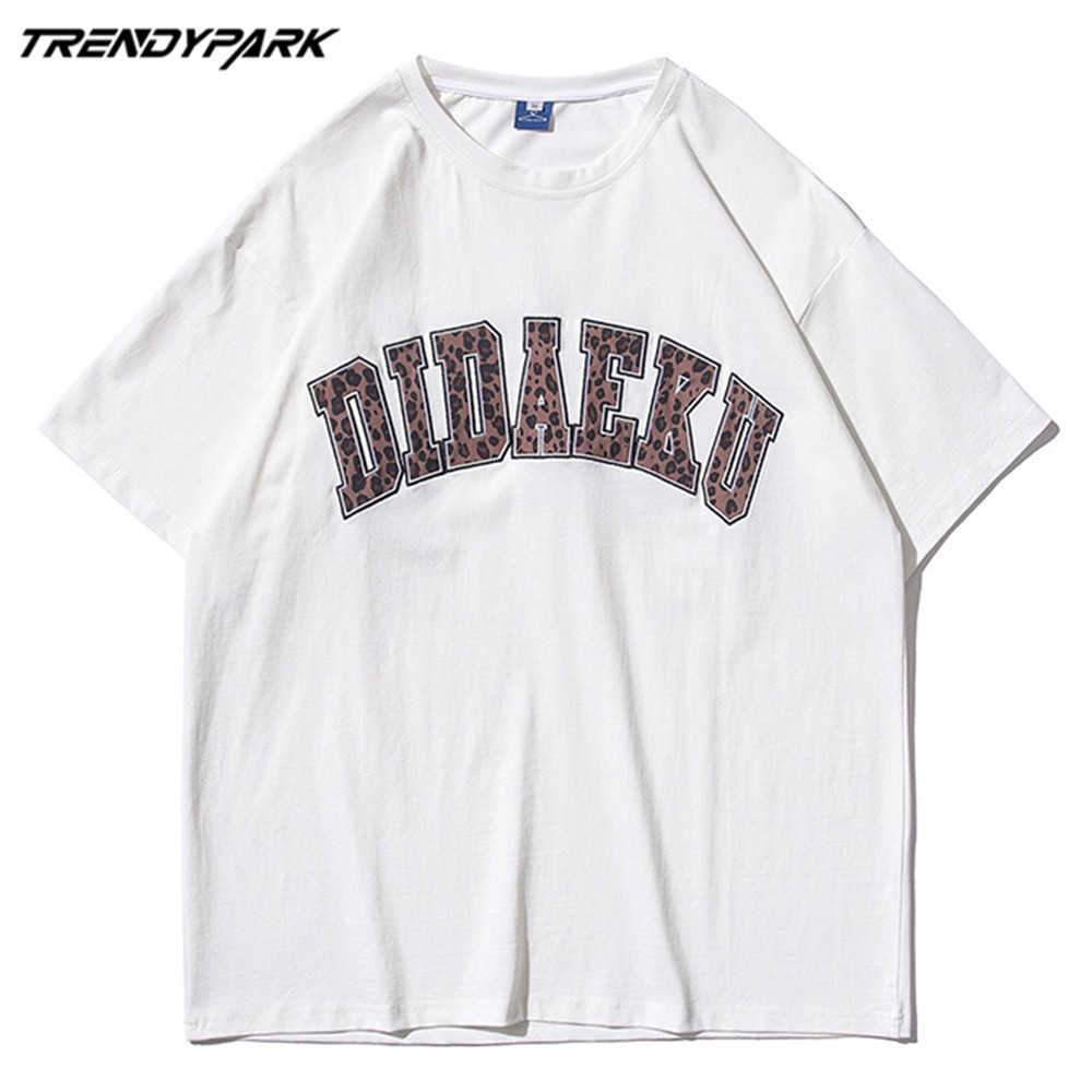 Men's T-shirt Summer Short Sleeve Leopard Embroidery Letters Tee Hip Hop Oversized Cotton Casual Harajuku Streetwear Top Tshirts 210601