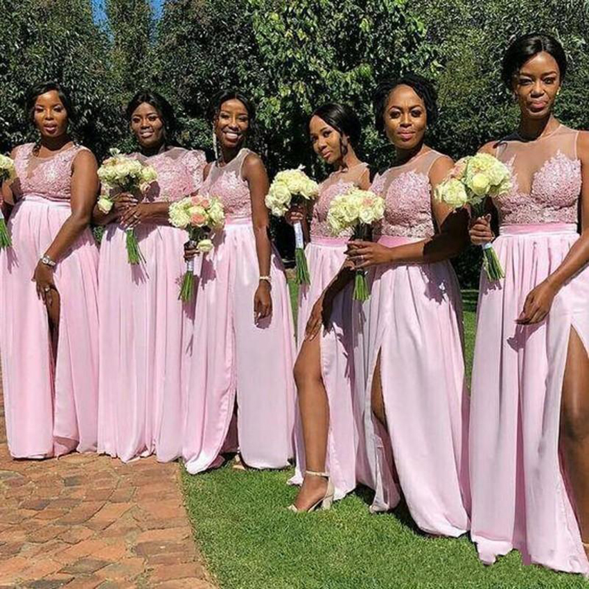 2021 New Sexy Baby Pink African Bridesmaid Dresses Jewel Neck Illusion Lace Chiffon Side Split Long Wedding Guest Gowns Maid Of Honor Dress 0509