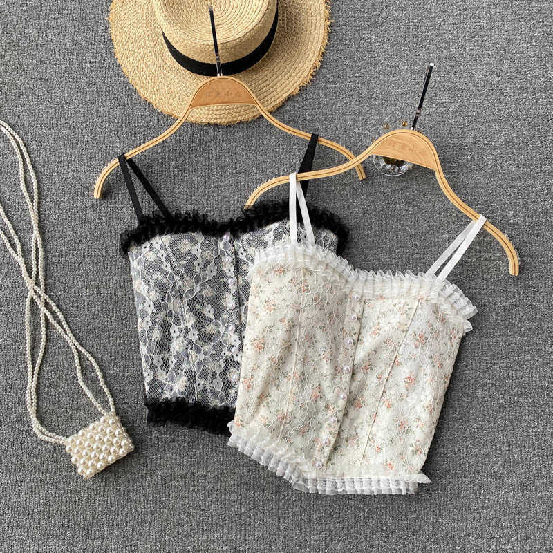 DEAT Women Lace Ruffles Pleated Printing Camis Arrivals Sexy Temperament Fashion Spring Summer 11D2011 210709