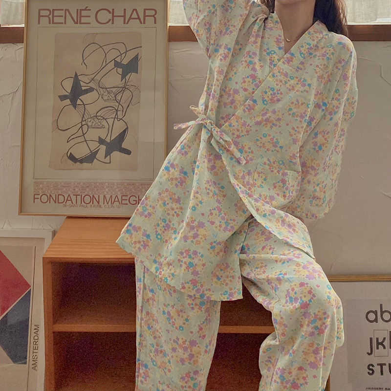 Kimono Women Sakura Room Wear Japanese Kawaii Pajama 2 Piece Sets Sleepwear Vintage Floral Pijama Harajuku Pyjamas Loungewear 211118