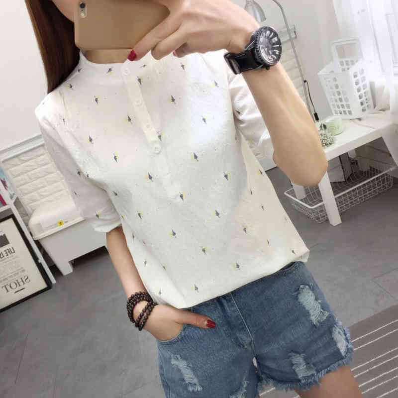 Embroidery Women Spring Summer Style Cotton and Linecn Blouses Shirts Lady Casual Stand Collor Short Sleeve Blusas Tops DF2985 210401